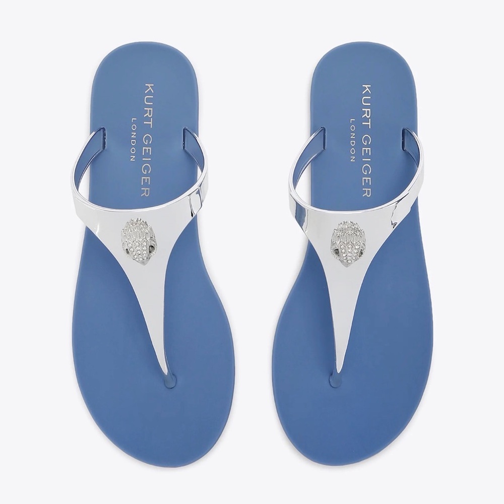 Kurt Geiger London Maddison T-Bar Metallic Silver and Blue Sandals Size 6 NEW